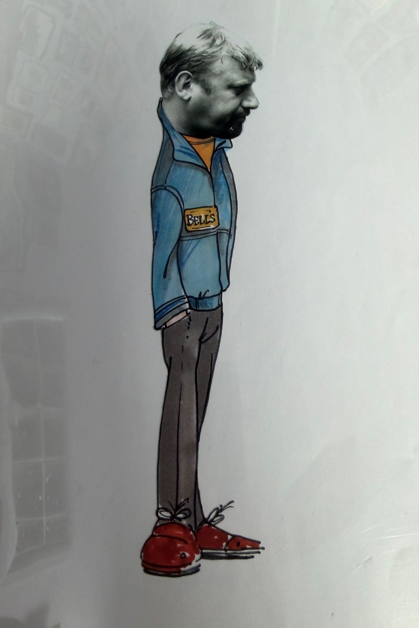 Portrait of Ian Cass — head photo on a hand-illustrated cartoon body wearing a Bell's jacket